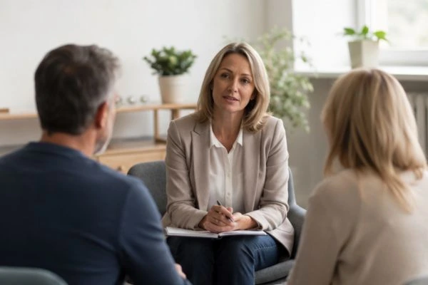 Couple discussing financial arrangement , pensions in divorce Devon